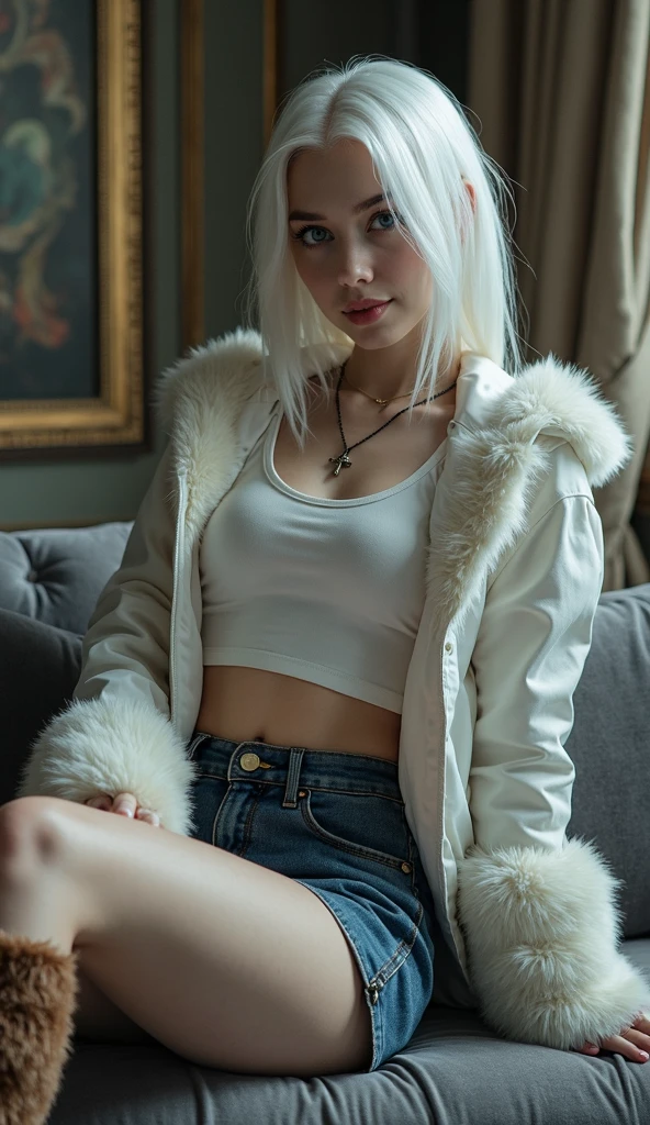 Aidra Fox face of 20 years old, gorgeous schoolgirl, white hair, standing on feet, sweaty fitness body, sweat, dirty, wet and messy, tight jacket, garter belt and stockings, ultra realistic beauty, vivid colors intense, ultra detailed finishes, Aidra Fox aspect, intricate details, photo editorial style, high fashion, apply editorial environment, masterpiece, highest quality, high definition, luz cenital dramática, fit toned body. Sus pechos y nalgas son medianos y hermosos. Cosplay, Private school outfit, strong abs, figura realista en de pie, American Sweetheart, slutty school costume, full body, hair in her genital area, hairy genitals visible, hairy pussy, hirsute hair in her beautiful vagina, stunning hot, hyperrealistic, dark background, perfect face, perfect girl, cute face hottie, sin bragas, Caravaggio style light, no panties, naughty