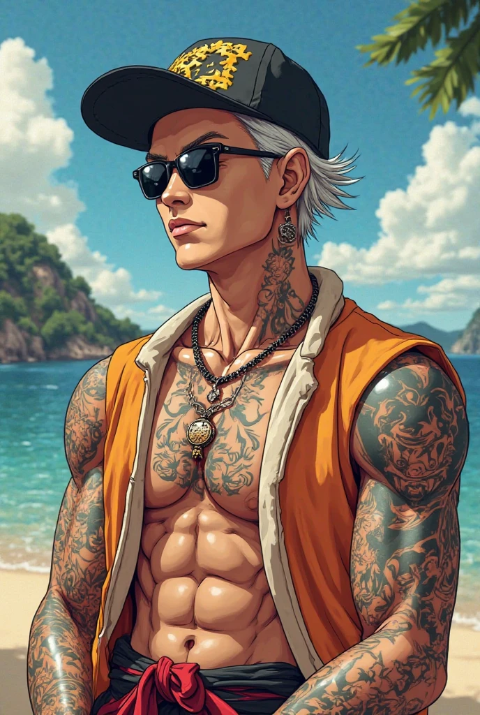 lifelike,(masterpiece,top quality,best quality,official art),Very detailed,rich and colorful,most detailed,God,shorter hair,blonde,Handsome man,Collar,Shirtless,suburbs,Sun Glasses,muscle,Chest muscles,tattoo,Nipple rings,Tropical plants,bird of paradise flower