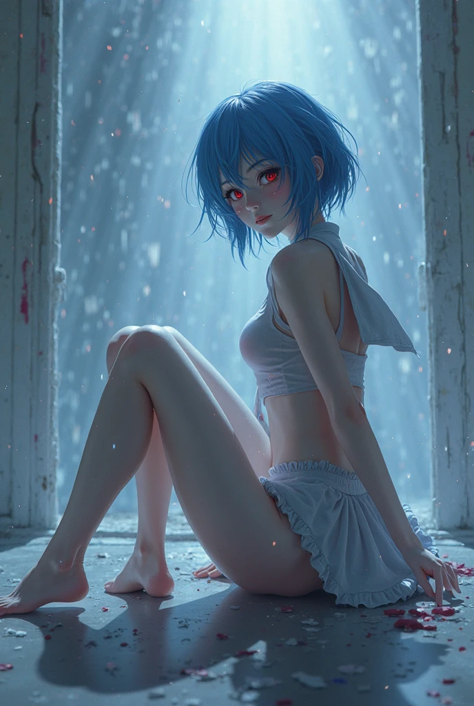 1girl, (solo), short ponytail hair, light blue hair, flat chest, small size, blue eyes, fair skin, full nude, full body, lot of cum on sex, legs spread, smile, (night), moon, frozen lake, forest behind, (very sexy body, detailed face, masterpiece, highly detailed, 8k, best quality, vibrant colors, digital art, concept art)