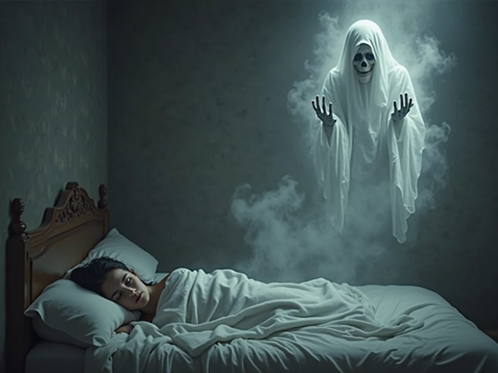 ghosts lying on a bed, drawn and in black and white