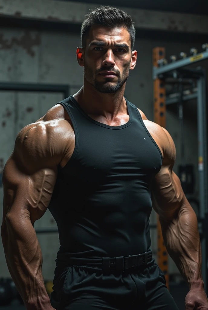 A ((powerful bodybuilder, as bodybuilder Hadi Choopan)), ((aged 55 years old)), ((exaggerated muscular thick body physique and pumped veins)) clad in (ripped shorts denim outfit) exuding confidence as he strikes a astonishing standing pose. His remarkable physique add to his commanding presence. ((Captured in stunning 4K detail)), this scene showcases his awe-inspiring physique with precision and dynamism, emphasizing the highlighting and shadows, vitality, and energy of his physique.