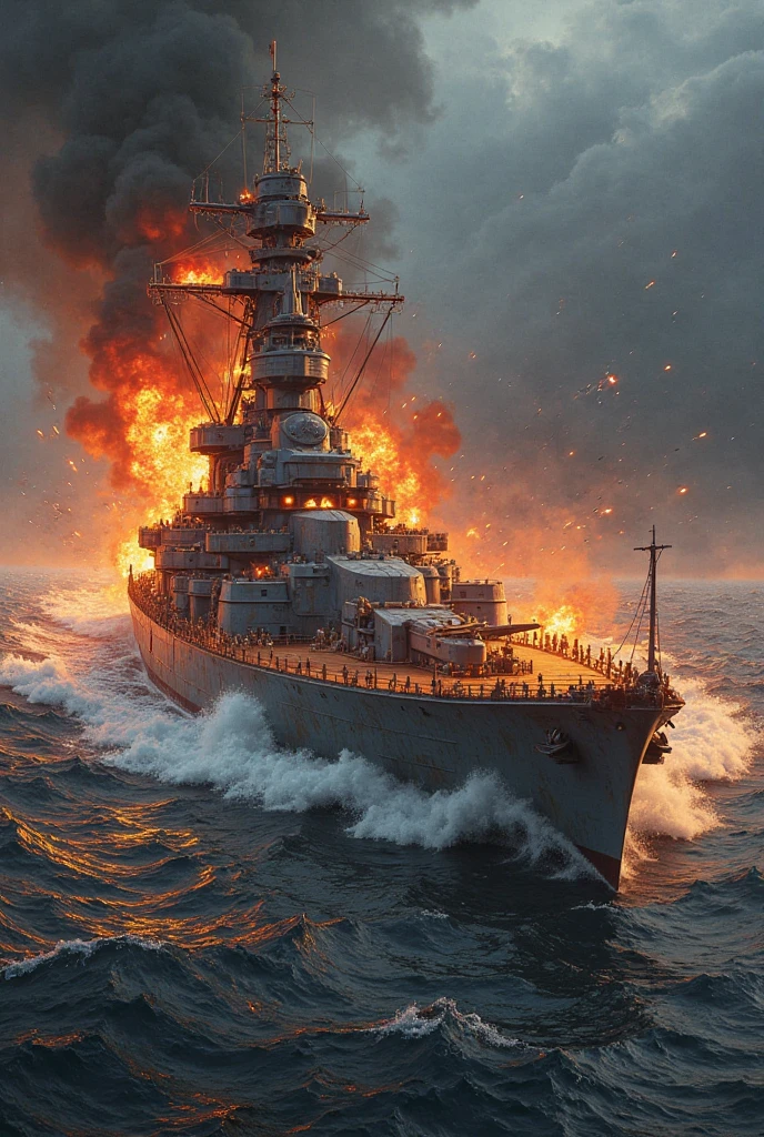 Make a picture of a warship exploding in the middle of the sea. Being shot at by fighter jets. Add big fire. Describes a very powerful explosion