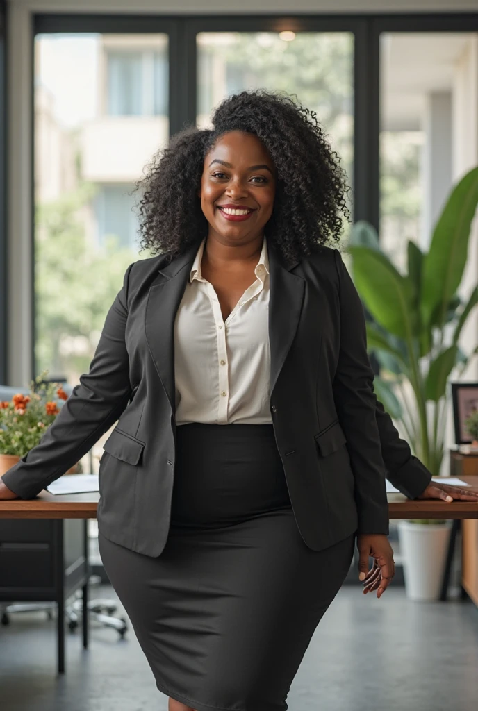 Chubby ugly secretary black woman with an afro and glasses in a boring grey corporate dress, in a super boring VISA application office, standing in front of a printer
