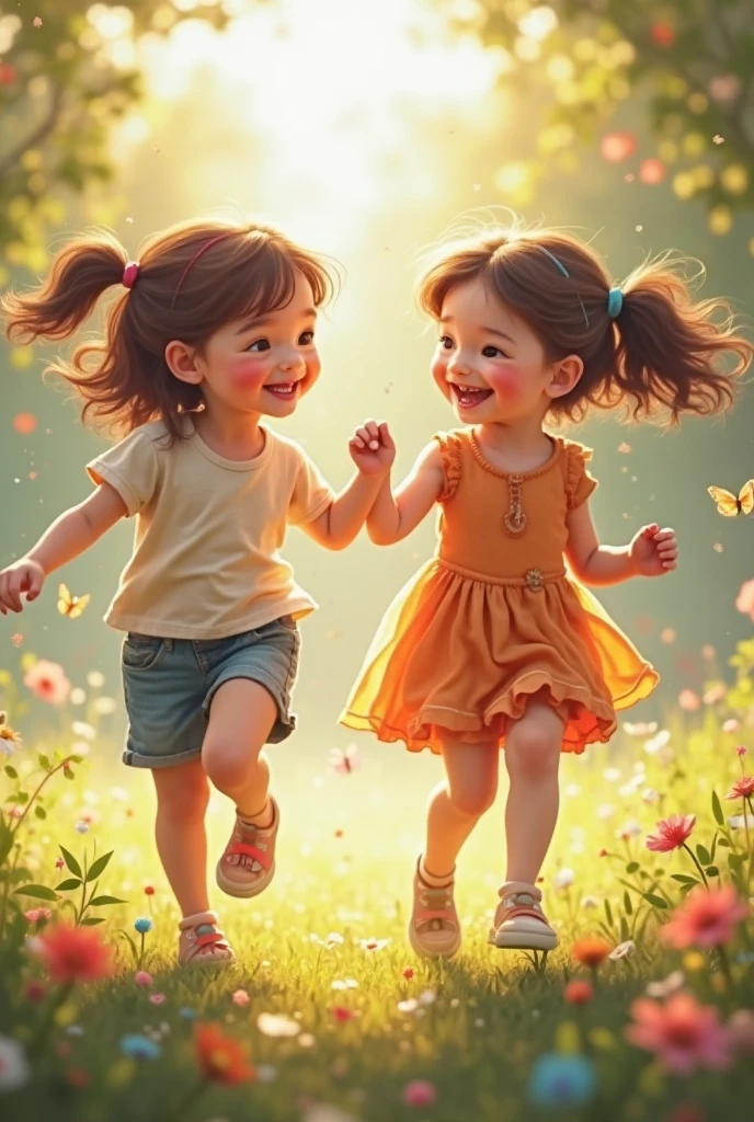 Two children jumping for joy holding flower wreaths