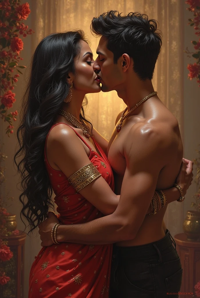 girlfriend wearing saree is sitting on the six pack abs abdomen