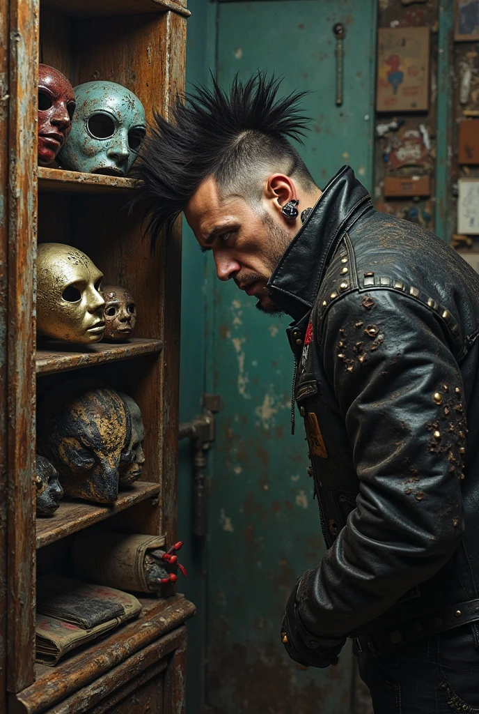 Punk man looking at masks on a bookshelf