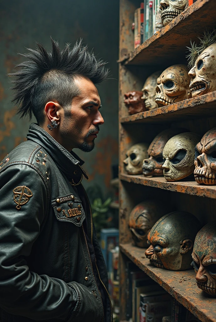 Punk man looking at masks on a bookshelf