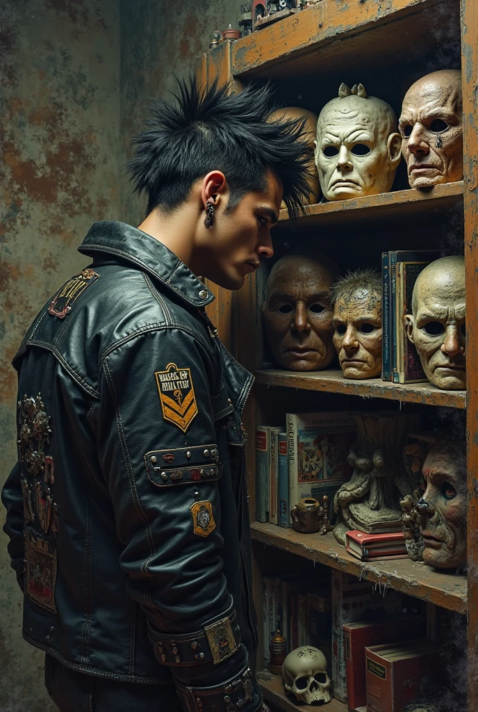 Punk man looking at masks on a bookshelf