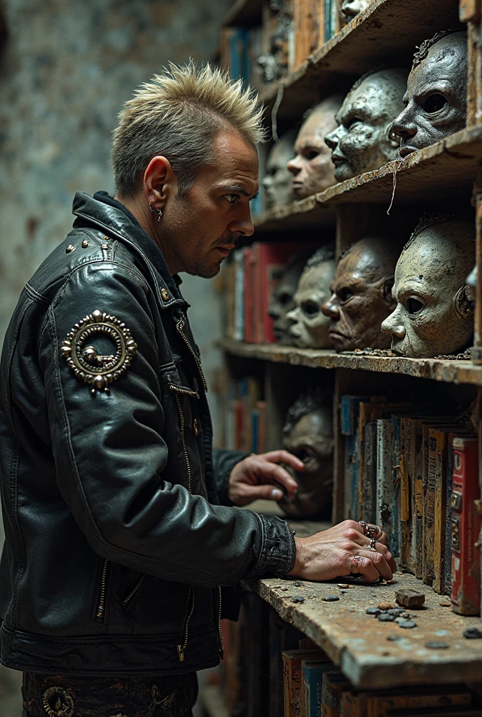 Punk man looking at masks on a bookshelf