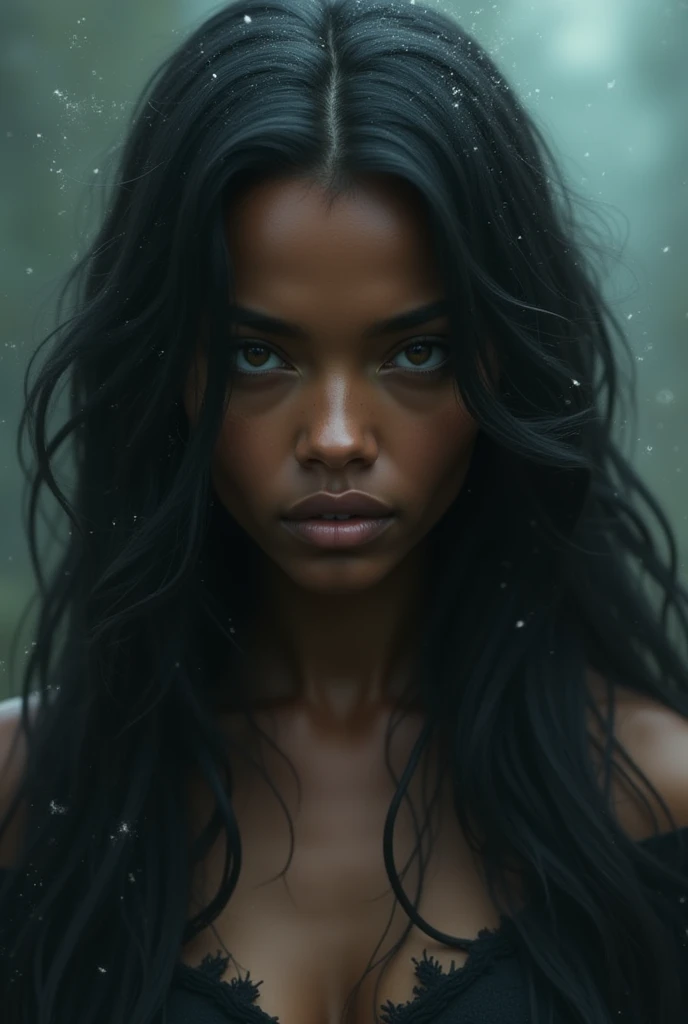 1 girl, african, black eyes, (naked), forest background, snowy, masterpiece, best quality, upper body, highly detailed
