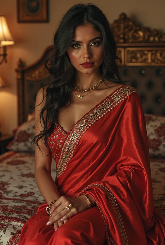 Indian woman  housewife looking hot siting on a bed