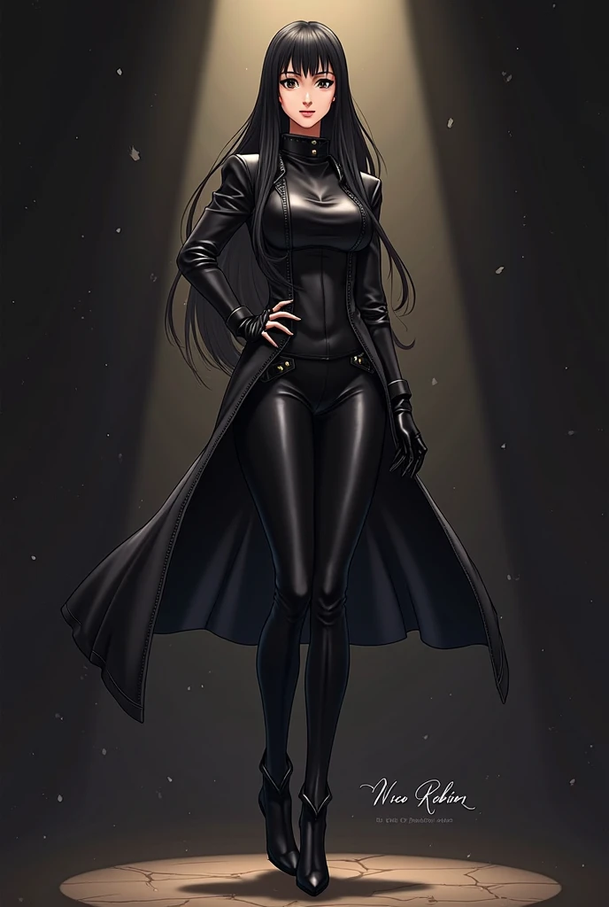 Giant woman, towering over camera, gothic, goth woman, giant, tall, slim, pale, black hair, really giant, towering over people, black clothes, leather clothes, goth girl, goth, blood everywhere blood 