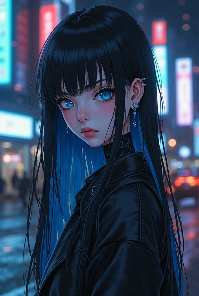 Generate an image of Aerial photography, Fluorescent light, Night view, Aerial photography, Fashion photography, Dreamy effect. with a necklace "BLUEM".In the style of mafia look girl, long navy blue hair make the necklace big and readable. Make it 3d realistic anime girl