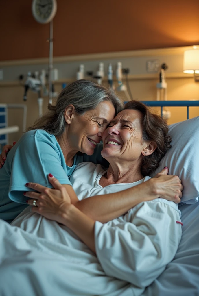 Crie uma imagem que represente uma cena emocional em uma cama de hospital. A cena envolve duas pessoas: a 72-year-old grandmother, doente e com um AVC, e seu neto, um jovem. The woman is lying in the hospital bed, parecendo doente e um pouco abatida. She should be portrayed with a soft and fragile look, demonstrating the vulnerability of their health condition. The grandson is by the woman's side, ligeiramente inclinado sobre ela. He's tenderly kissing the woman's forehead, expressando amor e carinho. His eyes are watery and bright, demonstrating your deep emotion and sensitivity to the situation. For the visual representation of the two people, The following features can be used: A mulher: grandma, cabelos grisalhos, olhos expressivos e levemente cansados, trajando roupa de internada. O homem: neto, jovem, cabelo curto, olhos emocionados e lacrimejantes, vestindo roupas casuais. O ambiente envolvente deve ser um quarto de hospital, com luz suave e reconfortante.