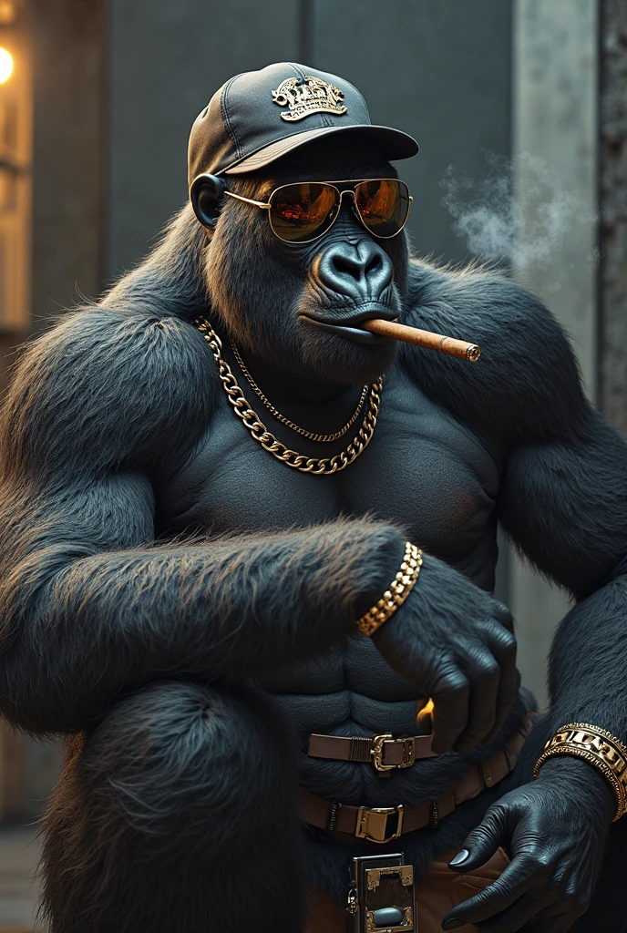 Strong gorilla with lots of tattoos wearing an orange Houston Astros cap, cuban link on the neck, tattoo with the acronyms "GBG in the chest", smoking a joint and blowing smoke while smoking a Glock with an extended magazine, orange background in the image