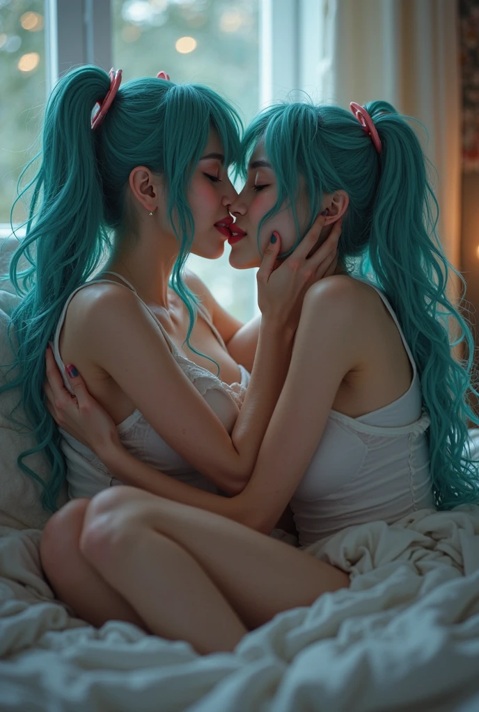 Two plump girls(20),Sitting on the bed and kissing,blue underwear,white colors