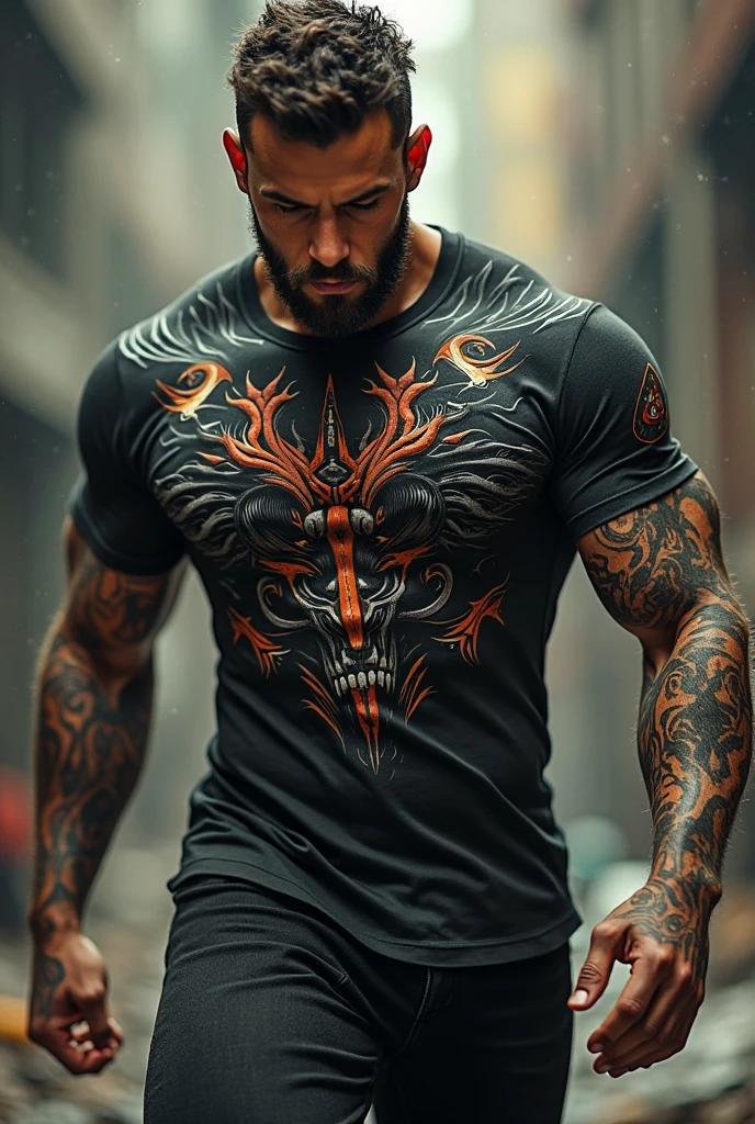 I want you to generate an image of a chest tattoo, that reflects determination and strength, in the style of dark tribal lettering