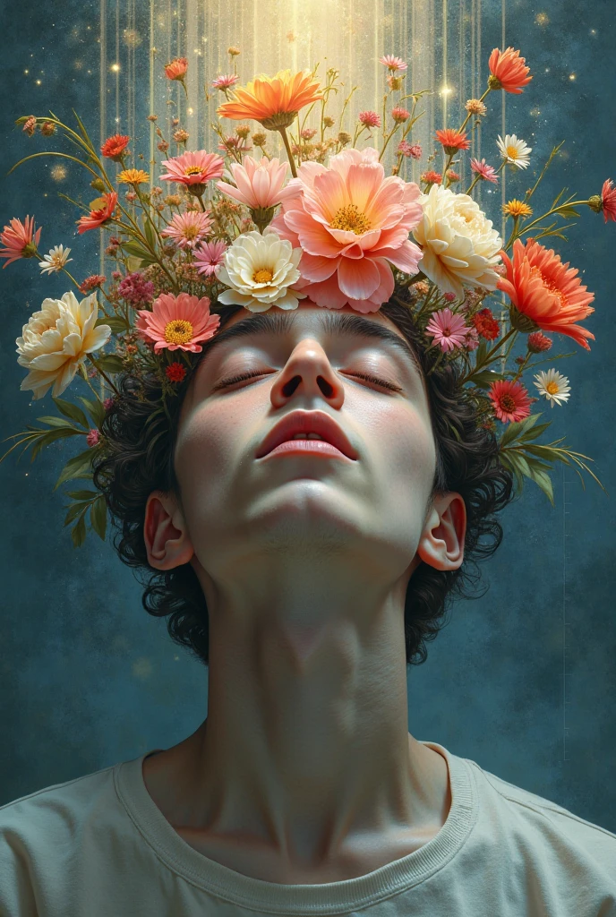 A color photograph,A boy's head is covered with beautiful flowers, inspired by Darek Zabrocki, Yuri Shwedoff e Tom Bagshaw, Beautiful surreal portrait, inspired by Igor Morski, Hg Giger Flora Borsi, 4D rendering of digital art, Sylvain Saller e Igor Morsky