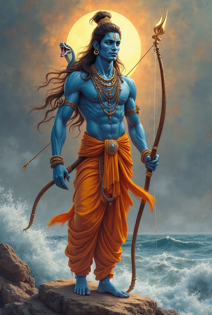 Lord Ram Ji (fit body, blue colour, middle hair, shooting arrows from a bow in his hands, bright lights on his full body, wearing yellow clothes) is standing on the sea shore, dancing and shooting arrows in the sky, lightning is flashing in the sky, dark clouds are looming,