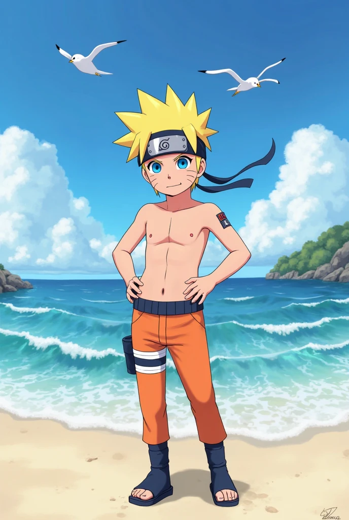 Animated image showing realistic style with HD quality of Naruto Uzumaki anime boy barefoot Sitting on the beach smiling shirtless Showing the sole of his feet close to the camera 4 toes and 1 thumb on each foot 2 feet Showing soft texture details Showing lighting on his feet Showing perfect feet Showing six pack Anatomically correct animation Wearing underwear