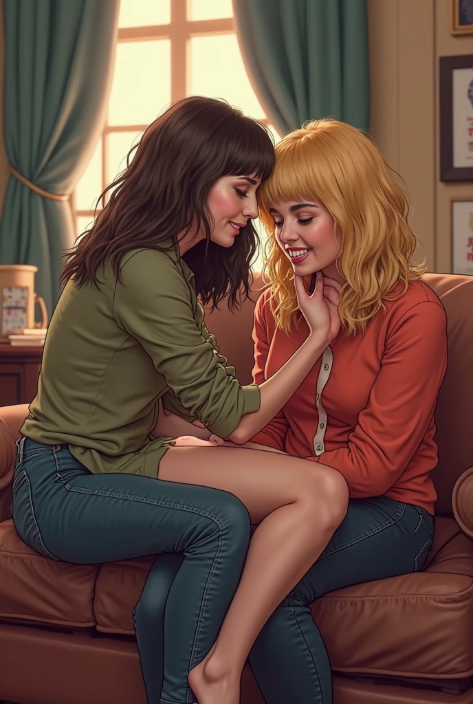 Norwegian mother pouring vanilla yogurt all over her teenage daughter's bare stomach, living room floor, vivd lurid colors, mother is wearing black yoga tights, daughter is wearing pink nightgown, very blond hair, style of Euro Fumetti comic books, Milo Manara, Jean Giraud, David Lynch, creepy, strange, bizarre, thick pen and ink lines,  HD, 8x, intricate, retro, 