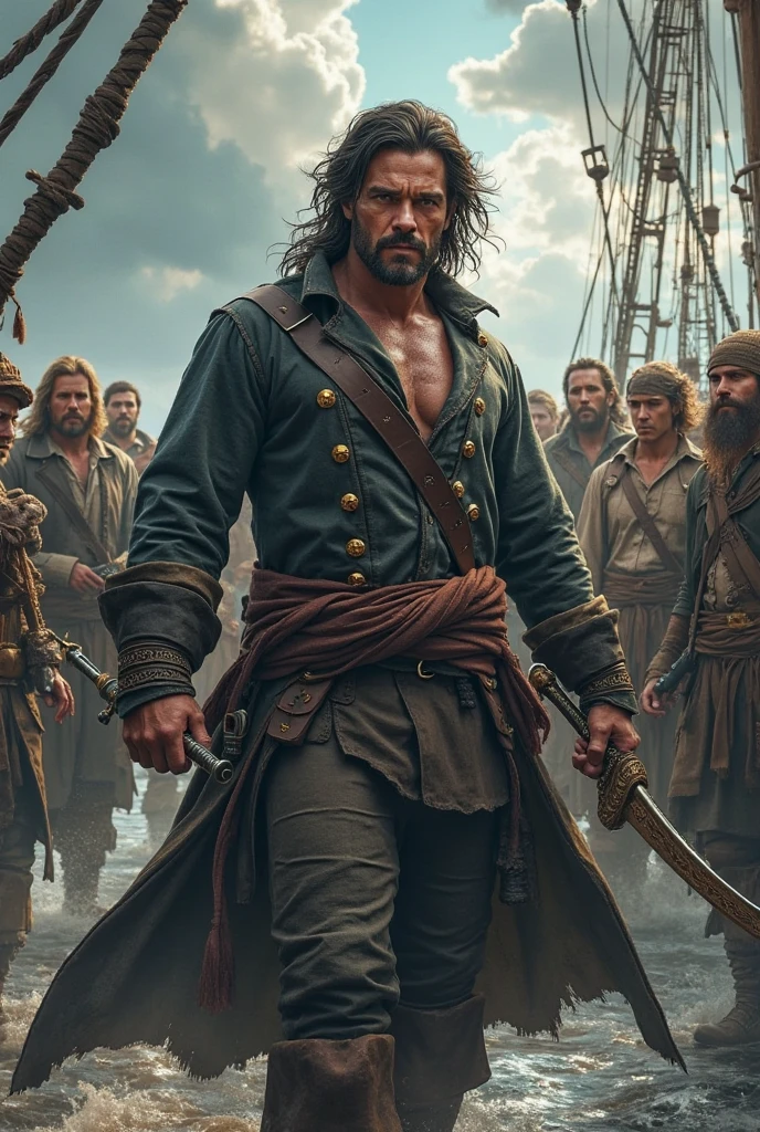 Full-length figure of Solomon Kane shirtless, with handsome face, beardless face, black pants, on the deck of a pirate ship, surrounded by pirates. Frazetta art