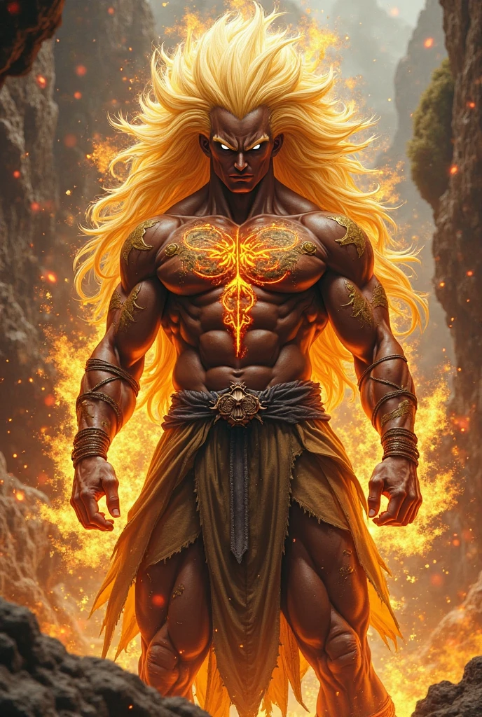 ((best qualityer)), ((work of art)), (detailded), A strong young man with tribal tattoos, Eyes red, darkskin, And radiant white hair enveloped in a swirl of magma.