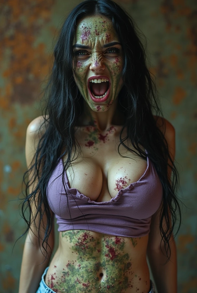 zombie woman, hiper realista, head to toe image, corpo necrosando, roupas sujas e rasgadas