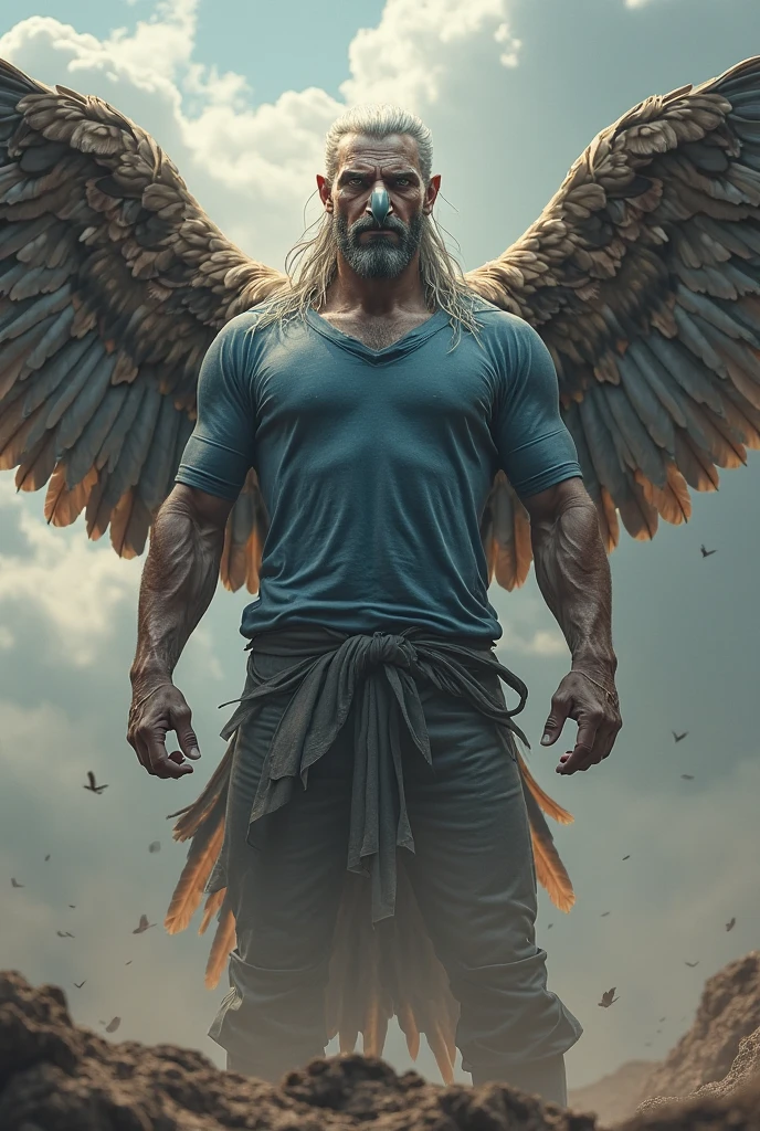 male mutant with blue eyes, silver hair, very big four black wings, good abs and emotionless face