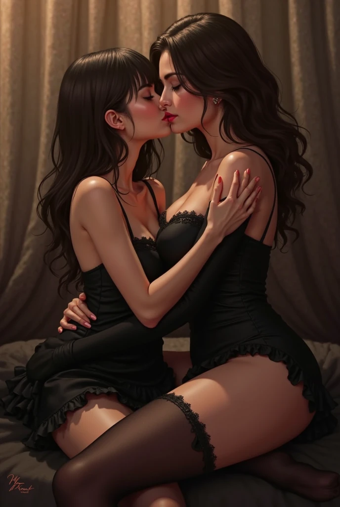 There is a Dark Purple Haired  adult woman  Kissing a ginger haired woman,  Natural MakeUp, Eyeshadow, natural makeup, long curved hait, Lace Underwear, Dentelles, Little Breast, Little boobs, Little Chest, Second Life Avatar, Beautiful screenshot, Second Life, attractive woman, high quality, highly detailed skin, dynamic pose