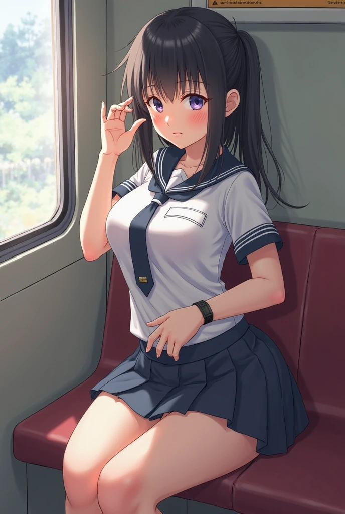 (table top, highest quality, Highly detailed CG Unity 8K wallpaper、highest quality, best illustrations, best shadow),、((slender, medium breasts、(dark brown hair、straight、long hair、brown eyes)、round eyes、Clear type、)),((in a crowded train、blue sheet、seats parallel to the window))、((white shirt、navy blue skirt、serafuku、show panties、lift up the skirt,))、erect nipples、(((sitting in the seat、crying、tears、orgasm、embarrassing、disgust、vibrator in underwear、pink panties,Love juice overflows)))、,Image from the knees up、