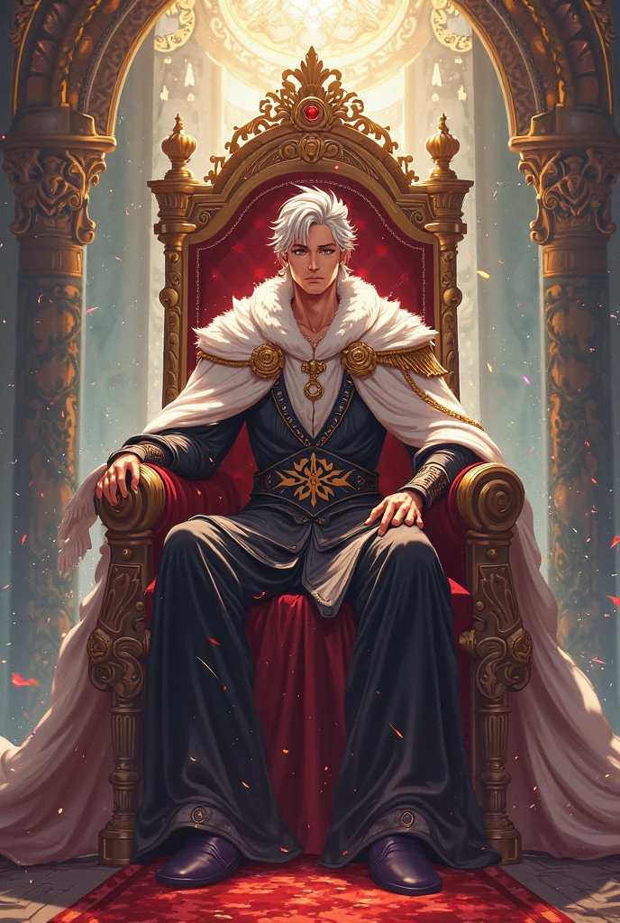 A magnificent king sitting on the throne, European,detailed face,25years old