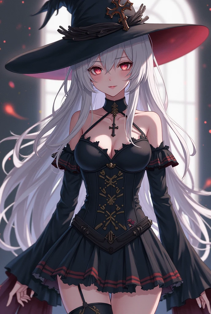 beautiful and seductive one girl being flirty and wearing witch clothes but the clothes is very revealing and seductive and the art style is anime but not too revealing