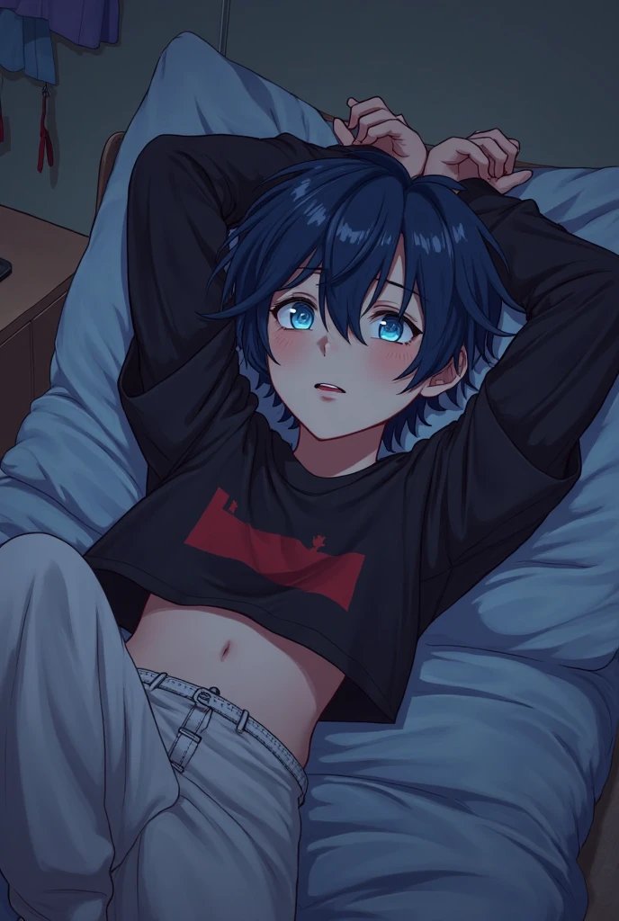 (looking away:1.5),upper body, lie on one’s back,
shiny skin, masterpiece、Highest quality、
(25-year-old male:1.5) and (Black short hair) and (blue eyes),
Black long sleeve T-shirt serious,The background is the living room at night,(alone:1.5)、floor