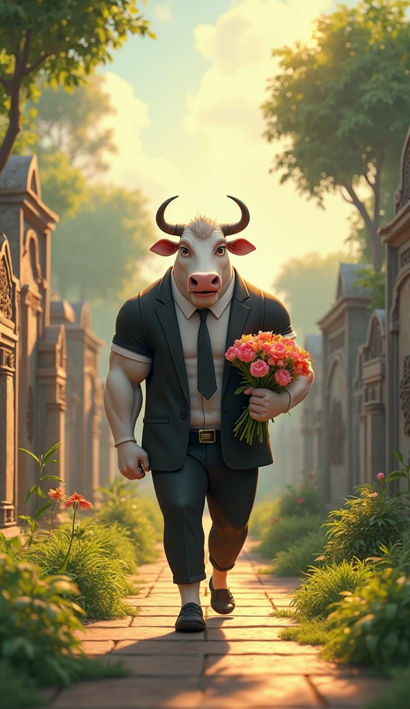 tauren, male tauren, tauren gigolo, realistic photo, tauren wearing a tight shirt, wearing a west and a tie, waering trousers, hodling a flower bouquet, in the garden, flower background, trees on the horizon <lora:tauren-sdxl:1>