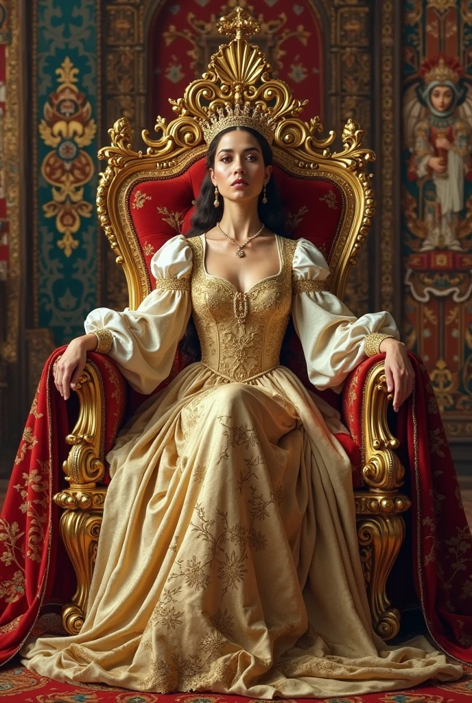 a queen in a medieval european empire style, beautiful intricate crown, elegant flowing gown, regal posture, ornate throne room background, warm lighting, photorealistic, highly detailed, 8k, dramatic lighting, dramatic colors, cinematic composition
