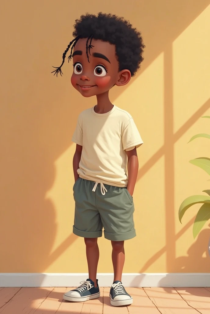Highly detailed full body 3D animation image of a seven year African American boy facing the camera. Plain background. Disney, Pixar like