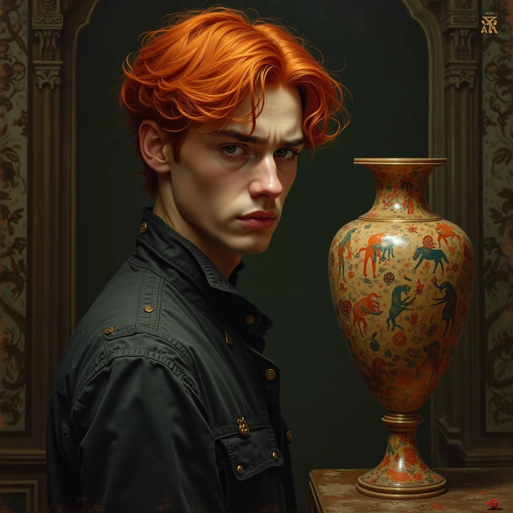 Red-haired young man,detailed face,serious expression, in a standing position,absorbing dark,antique vase,symbols in vase,mysterious environment,dim lighting,warm ochre tones,supernatural atmosphere,oil painting,concept art,4k,ultra detailed,Top quality,HDR effects,physically based,vibrant colors,sharp focus