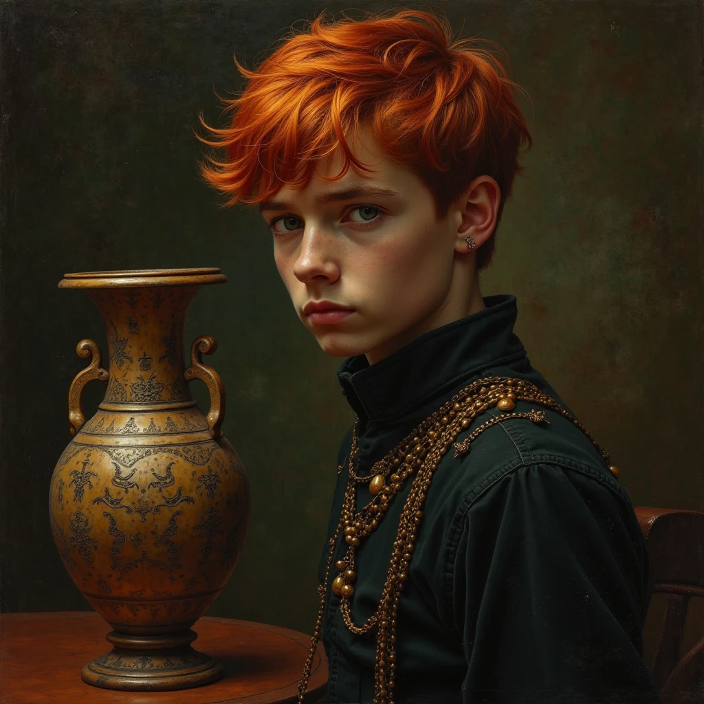 Red-haired young man,detailed face,serious expression, in a standing position,absorbing dark,antique vase,symbols in vase,mysterious environment,dim lighting,warm ochre tones,supernatural atmosphere,oil painting,concept art,4k,ultra detailed,Top quality,HDR effects,physically based,vibrant colors,sharp focus