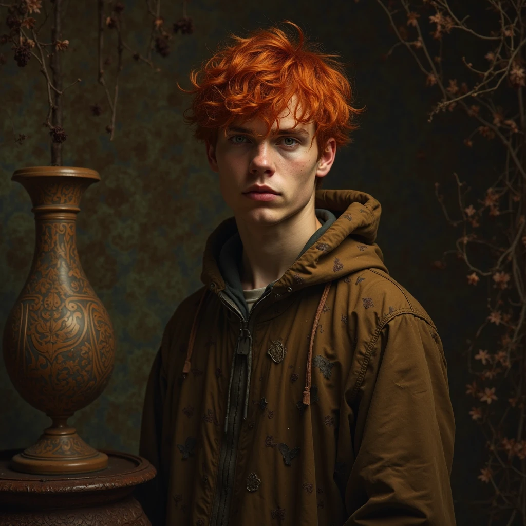Red-haired young man,detailed face,serious expression, in a standing position,absorbing dark,antique vase,symbols in vase,mysterious environment,dim lighting,warm ochre tones,supernatural atmosphere,oil painting,concept art,4k,ultra detailed,Top quality,HDR effects,physically based,vibrant colors,sharp focus