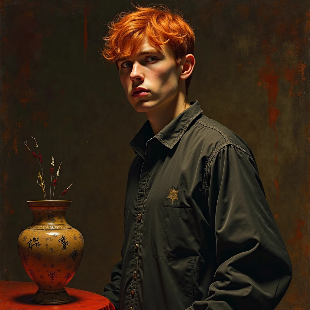 Red-haired young man,detailed face,serious expression, in a standing position,absorbing dark,antique vase,symbols in vase,mysterious environment,dim lighting,warm ochre tones,supernatural atmosphere,oil painting,concept art,4k,ultra detailed,Top quality,HDR effects,physically based,vibrant colors,sharp focus