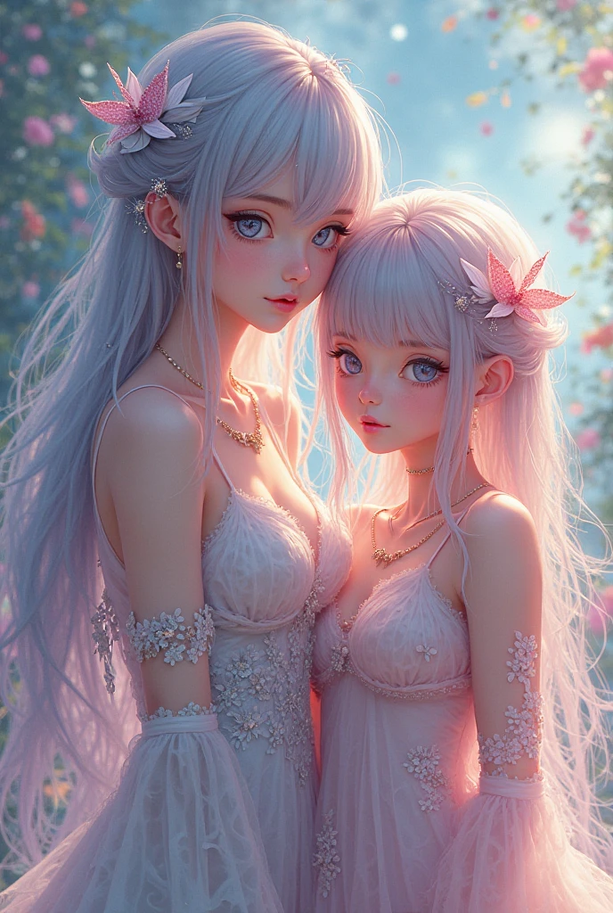 (masterpiece, best quality:1.4), Young blonde beauty, (((2 girls in love, 18 years old, neat girl))), detailed blue eyes, long eyelashes, blush, kind smile, horny, upper body, topless, small ass, slender legs, shaved pussy, (looking at viewer), (close up), beautiful blonde hair, white-skinned, (straight bangs), pigtails, squeezing, (medium size breasts), (mushroom forest, celestial forest, beautiful and magnificent pink sunshine, majestic sky), natural light, pastel colors