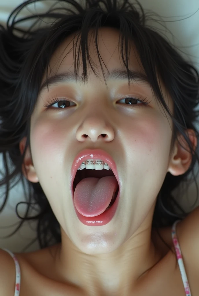 (Best quality), (Masterpiece), (Solo), 0 stroke, Tongue out, Mouth open, (Grain photography, Luminance noise), From above