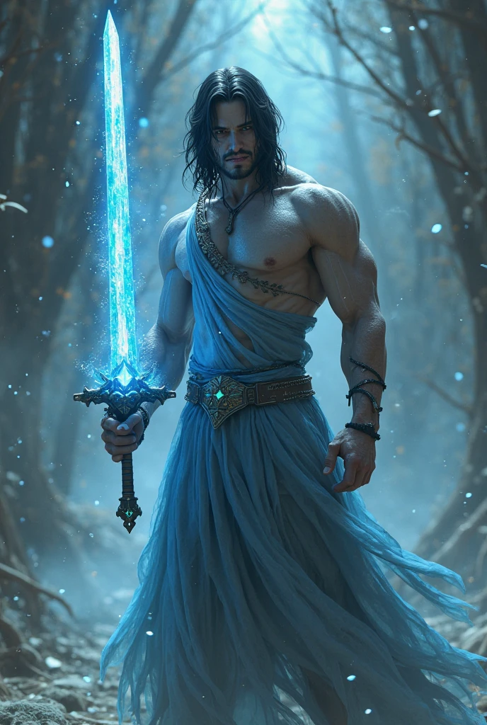 A 20 year old dark haired spearman with green eyes and a blue spear forged by Hades