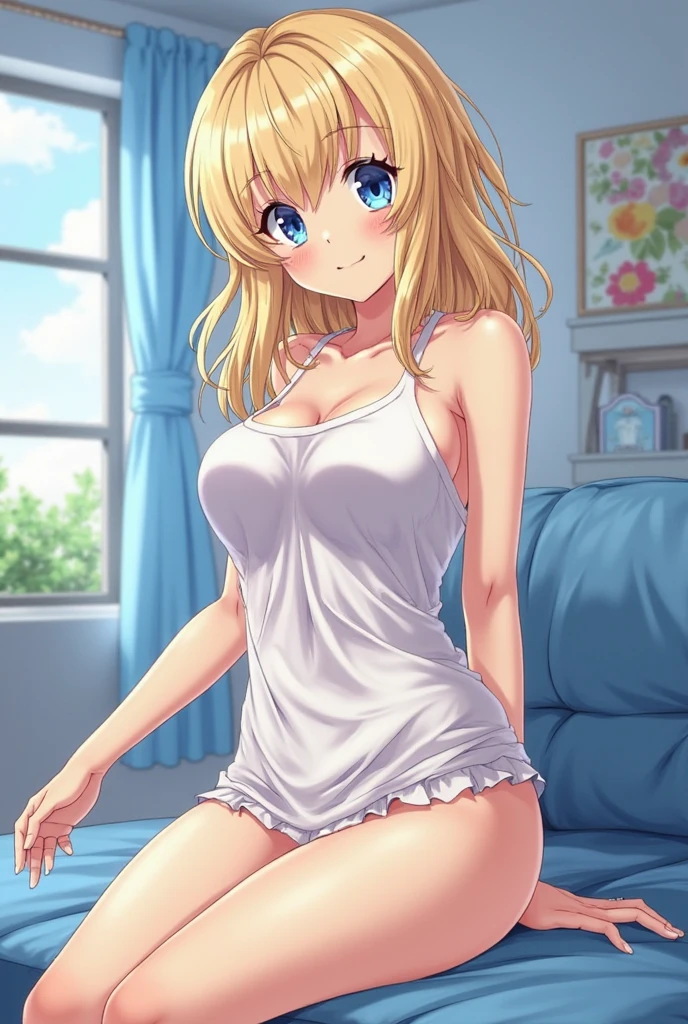 Anime white girl standing,smilling, big boob,perfectbody,cute,hot,white panties,cute panties,nud,see though,very hot,thights gap,transparent panties ,white shirt,blonde,long hair,white stocklings, white socks,sitting on viewer, view from blow