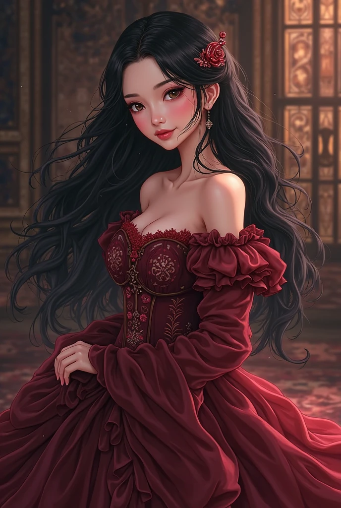 (masterpiece, Best quality, a high resolution, ultra detailed),(beautiful and aesthetically pleasing:1.2), 1 woman, adult woman, black wavy hair, green eyes, lethargic, gentle face,(slight smile:0.8), detailed eyes and face, perfect body, Whole body, Red lips, beautiful make-up, in Muumuu dress, in room, Soft lighting, Whole body, complex parts, cozy atmosphere, pregnancy