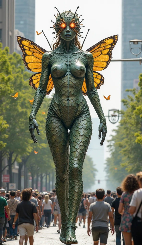 Latina, adult, pixie haircut, green hair, small insect wings on back, sheer thin black tank top with grey leggings, smile, Enchanting, Vivid colors, Turquoise, Soft Coral, Fantasy world, Digital painting, Iridescent accents, Elegant, HD, Highly detailed, urban setting, Beautiful woman, Realistic face, Natural photography, Ultra HD