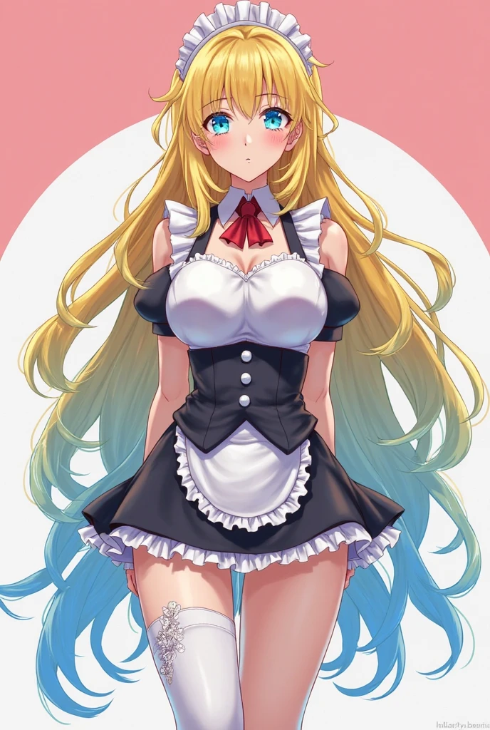 Beautiful long blonde Embarrassing Girl in black maid outfit Long sleeve Long skirt Small breasts living full body With both hands together