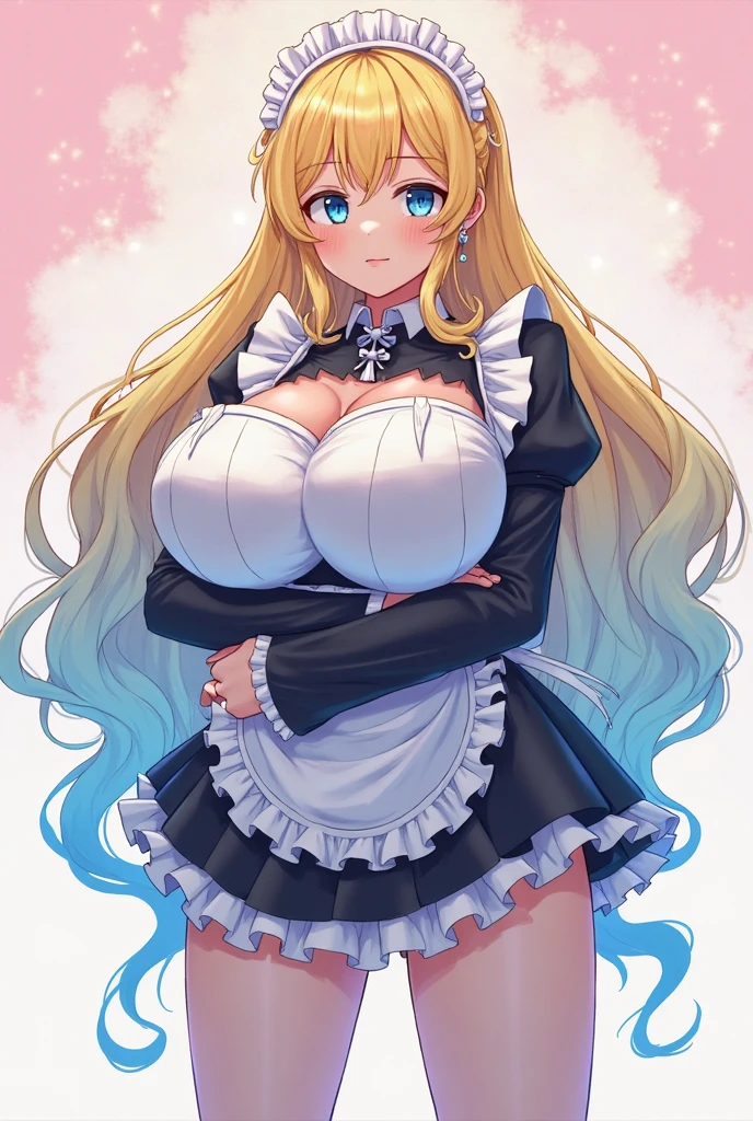 (Best Quality, masutepiece, Official art, hight resolution:1.2), the Extremely Detailed CG Unity 8K Wallpapers, photographrealistic, ultra-detailliert, (24-year-old Russian girl, Solo, maid), Long hair, (Blonde hair:1.2), (Bangs), Smile, prefect face, Pre-Blue Eye, blush, Open mouth, (Huge breasts, drooping chest, cleavage:1.2), thighs thighs thighs thighs, Maid headdress, Waist apron, White Apron, frilld, black thighhighs, Choker, earrings, Bracelet, Standing, Look up,