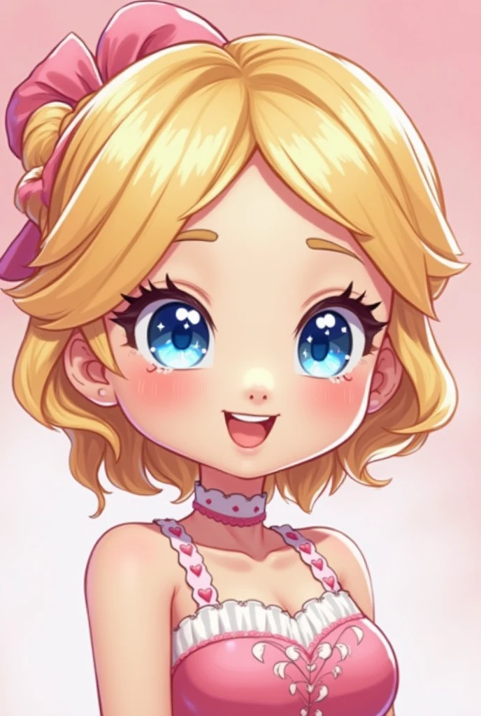 score_7_up, 1girl, solo, :>, long_bangs, heart_hair_bun, golden hair, small breasts, 